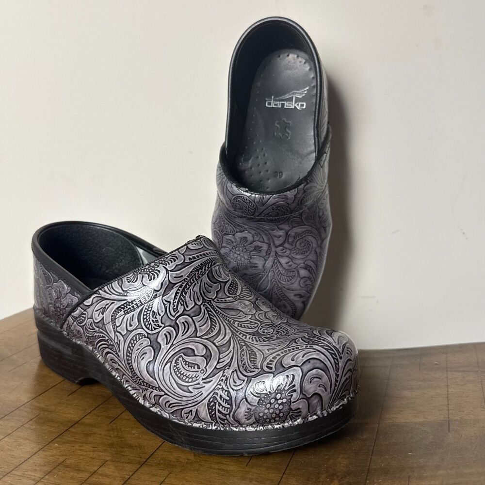 Dansko Floral Embossed Leather Clogs Black Gray Professional Shoes EU 39